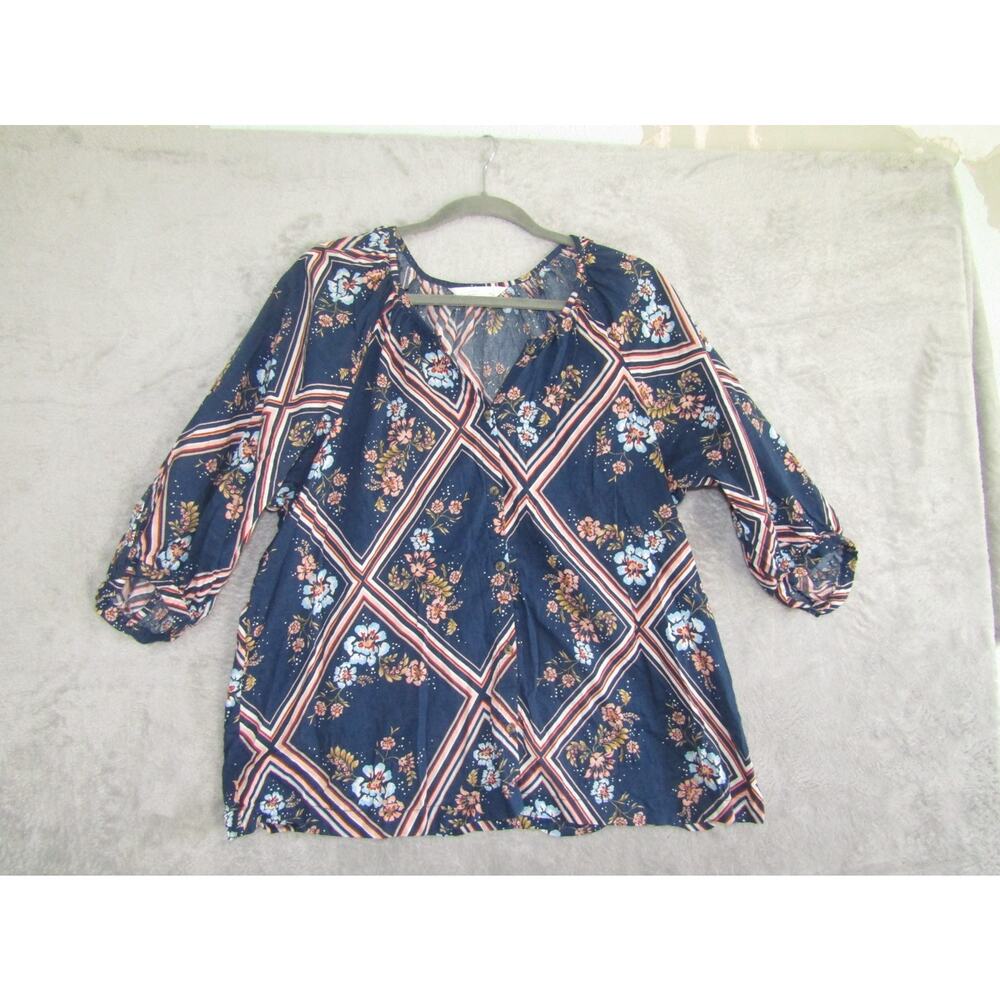 LC Lauren Conrad Women's L Boho Floral Stripe Blouse Peasant Top Navy Blue Cotto